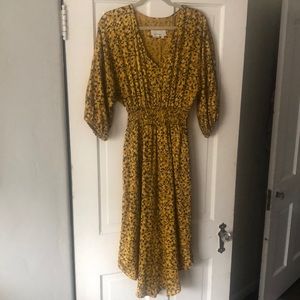 Anthropologie Golden Yellow and Black Dolman Sleeve Ruched Waist Dress Xsmall